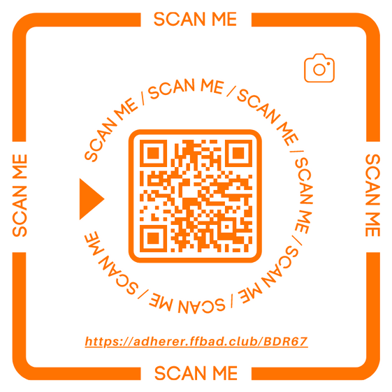 Scannez le QR code pour vous inscrire ou tapez l'adresse https://adherer.ffbad.club/BDR67